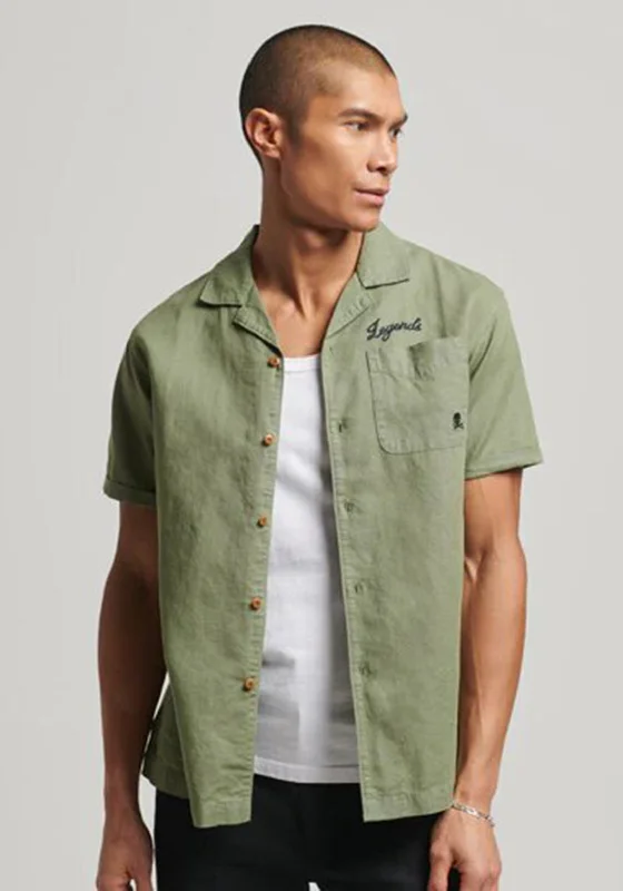 Superdry Vintage Resort Short Sleeve Shirt, Olive Khaki