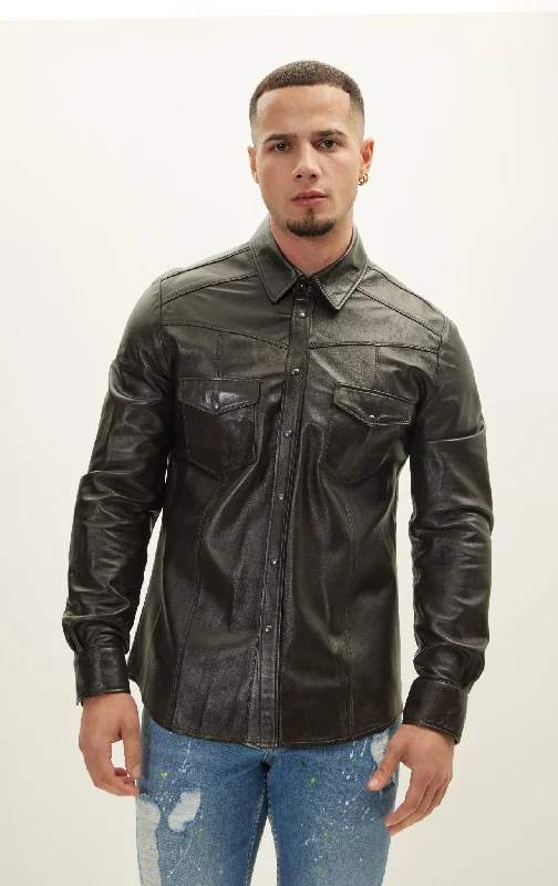 Genuine Lambskin Leather Shirt - Dark Brown