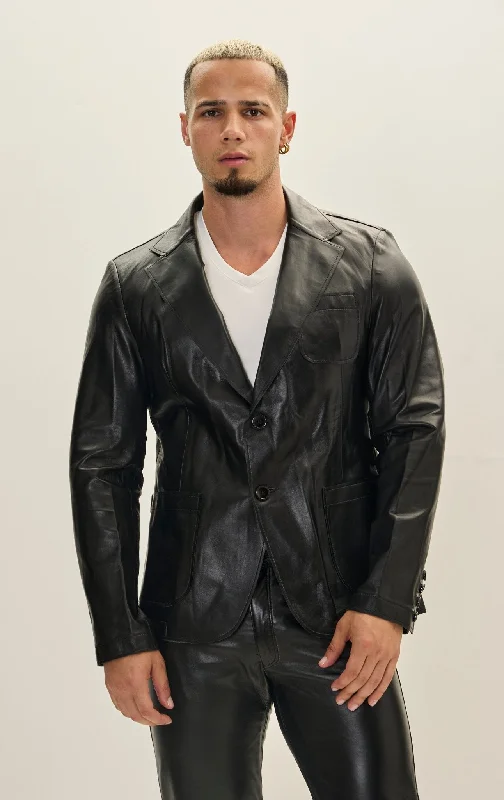 Classic Two-Button Leather Blazer - Black