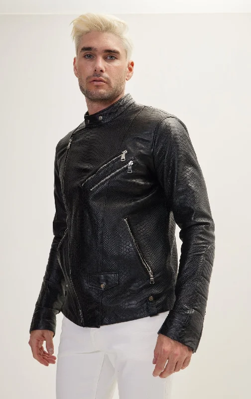 Double Zipper Cafe Racers Jacket - Black Leather Snake Embossed