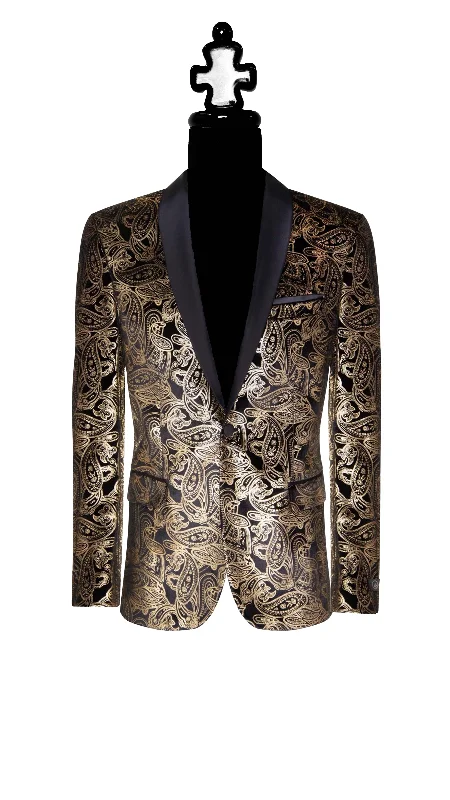 Premium Gold Paisley Floral Black Tuxedo with Silk Lapel