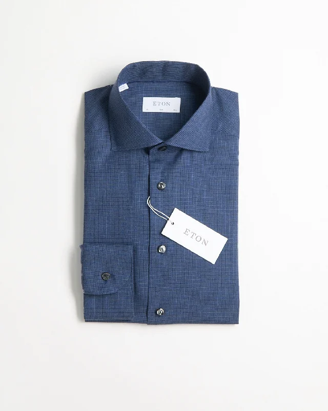 Dark Blue Houndstooth Wrinkle Free Flannel Slim Shirt