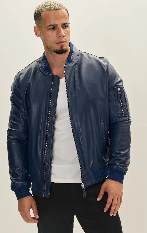 Genuine Leather Bomber Jacket - Navy