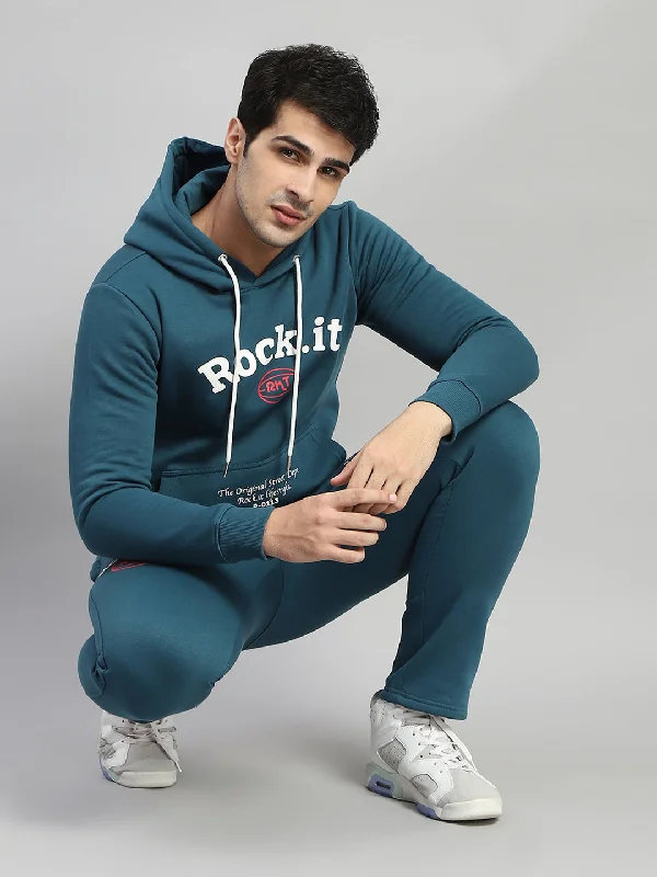 Men Blue Printed Hooded Full Sleeve Winter Tracksuit