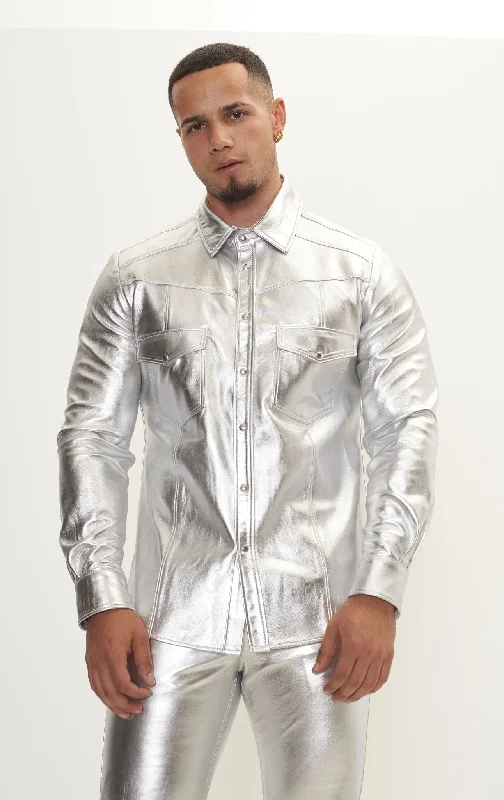 Genuine Lambskin Leather Shirt - Silver