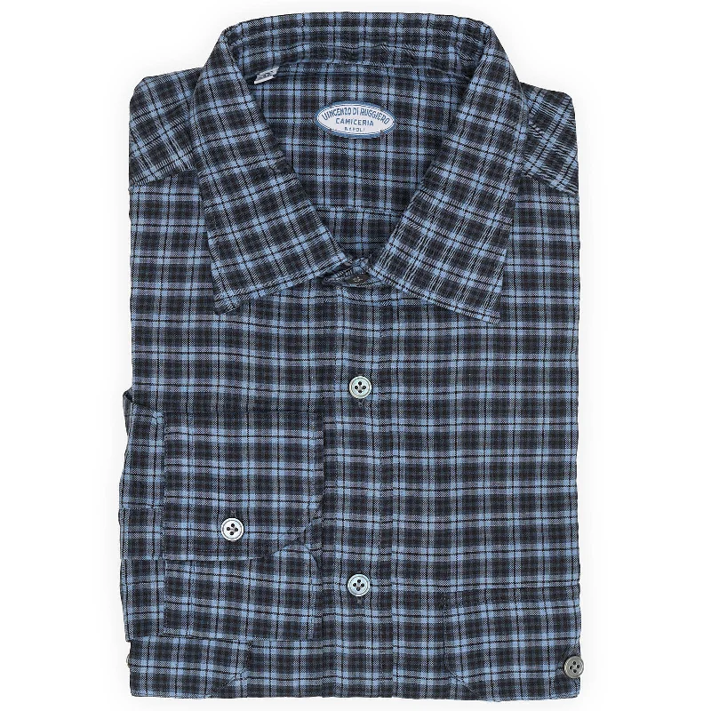 VINCENZO DI RUGGIERO Handmade Blue Plaid Cotton Shirt EU 40 NEW US 15.75