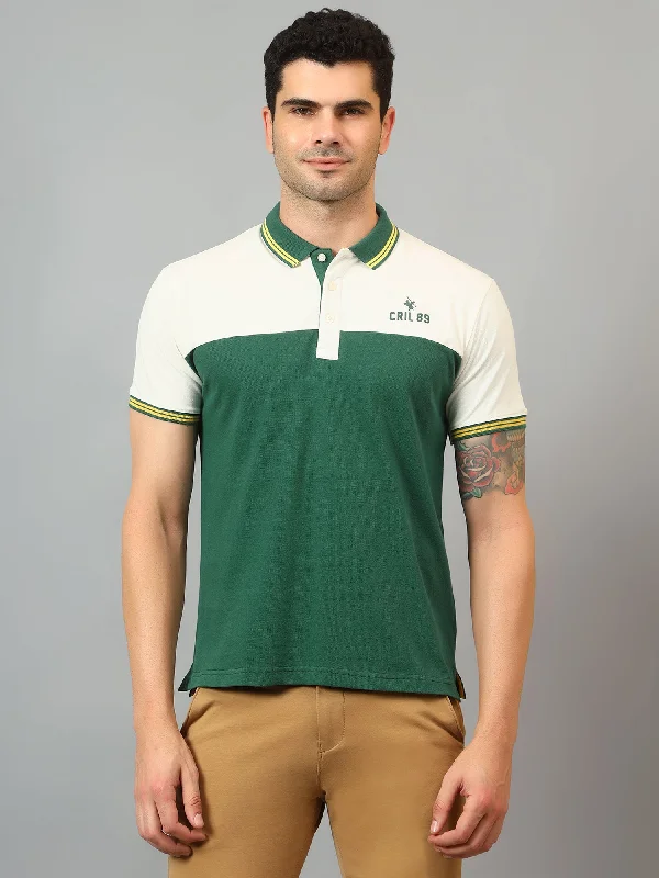 Men's Green Color block Polo neck Half Sleeve T-Shirt with cut and sew