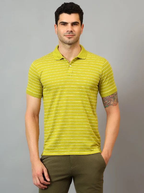 Men's Lime Green Stripe Polo neck Half Sleeve T-Shirt