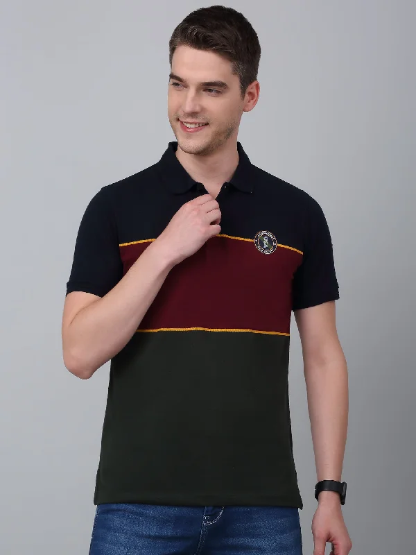 Men's Green Striped Polo Neck T-shirt