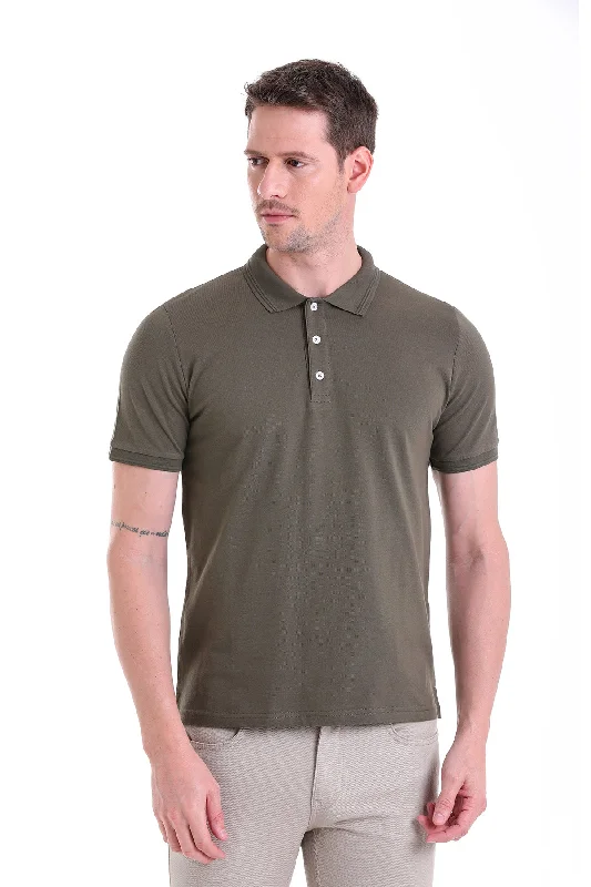 Comfort Fit Basic Plain 100% Cotton Khaki Polo T-Shirt