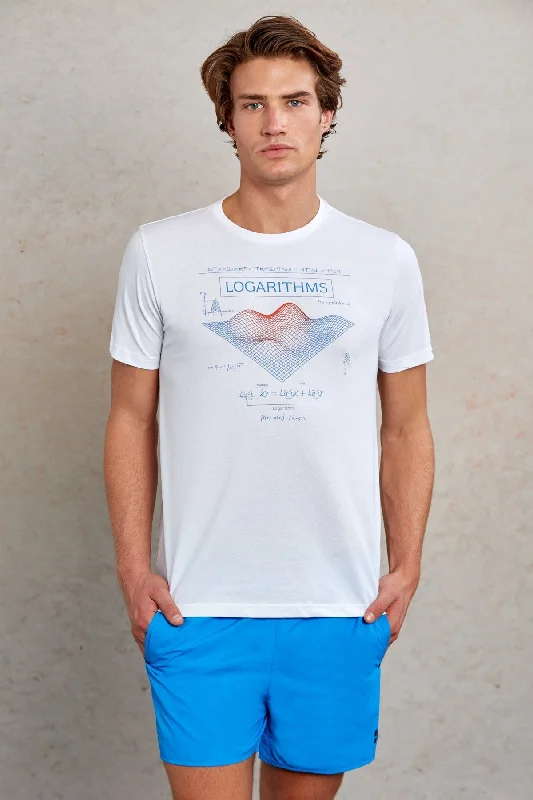 Slim Fit White Printed Cotton Crew Neck T-Shirt